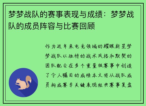 梦梦战队的赛事表现与成绩：梦梦战队的成员阵容与比赛回顾